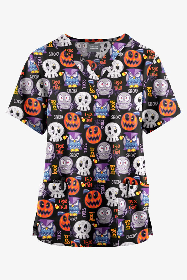 Fun Scrubs Trick Or Treat Black Printed Women's 2-Pocket