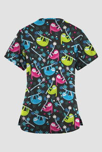 Fun Scrubs Slew Of Sloths Black Printed Women's 4-Pocket