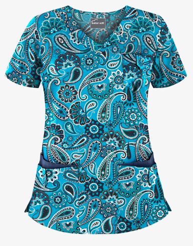 Fun Passion for  Paisley Turquoise 5 Pocket Scrub Top