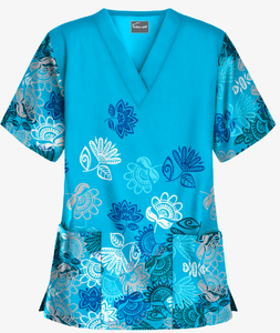 Fun Folkloric Floral Turquoise Womens V Neck Scrub top